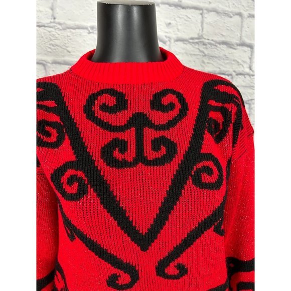 Rose Metallic Knit Black & Red Pullover Round Neck  Long Sleeve Sweater 90s Sz L - Picture 2 of 5